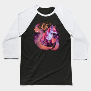 Purple Kitsune Fox Floral Japanese Folklore Baseball T-Shirt